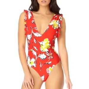 NWT Women’s Medium Floral Flutter Sleeve One-piece Swimsuit Orange Catalina